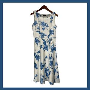 Cynthia Howie Blue & White Floral Linen Dress Fit Flare Retro Boat Neck Preppie